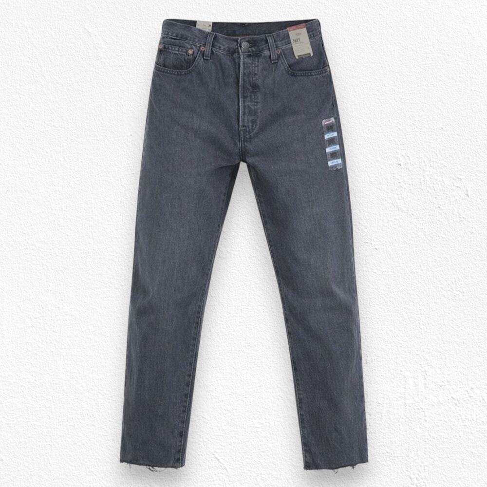 Levi's 501 Washed Black High Waisted Raw Hem Classic Straight Leg Jeans Size 32